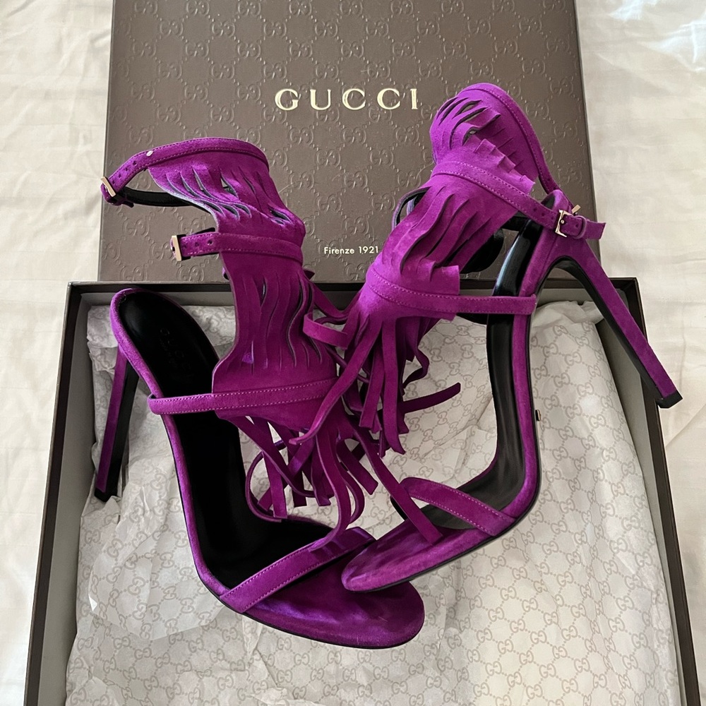Gucci purple suede fringe sandals
